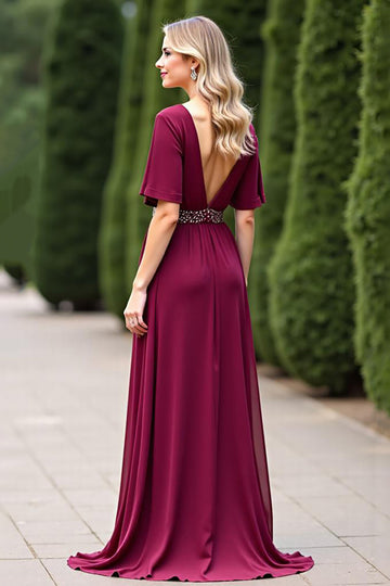 A Line V Neck Beaded Burgundy Mother Of The Bride Dress With Slit